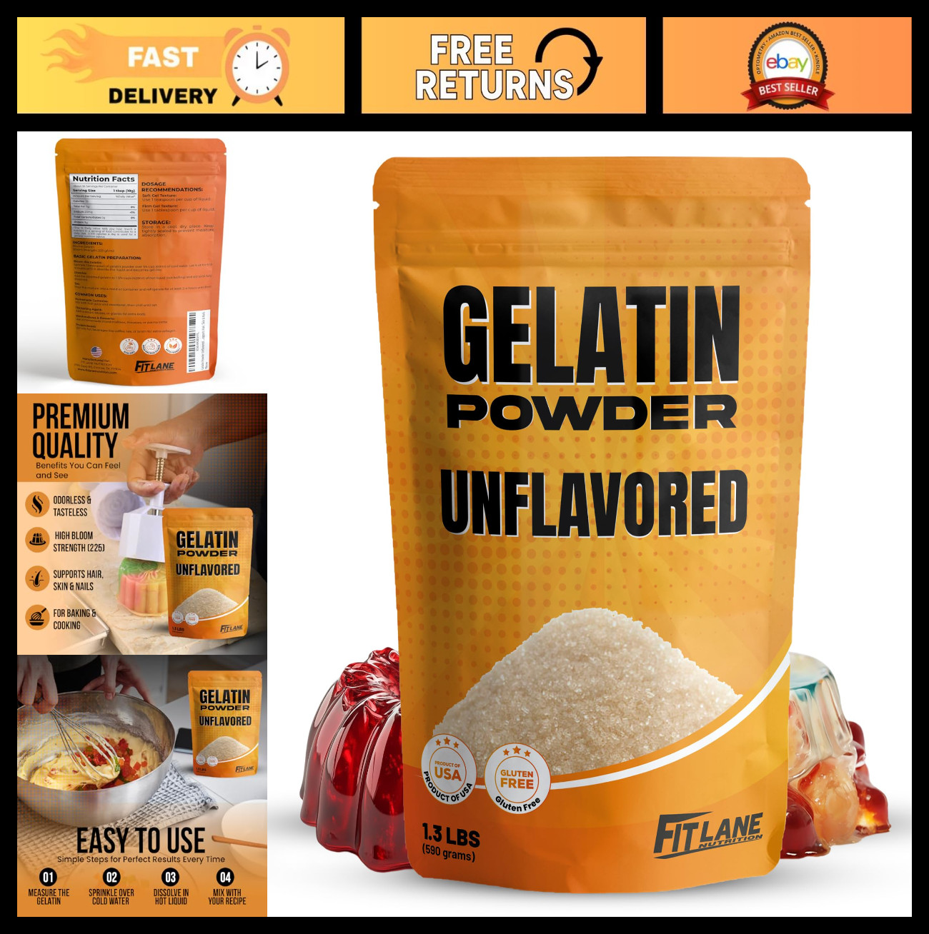 Unflavored Gelatin Powder 1.3 lbs Bulk - Ideal for Desserts, Baking & Cooking -