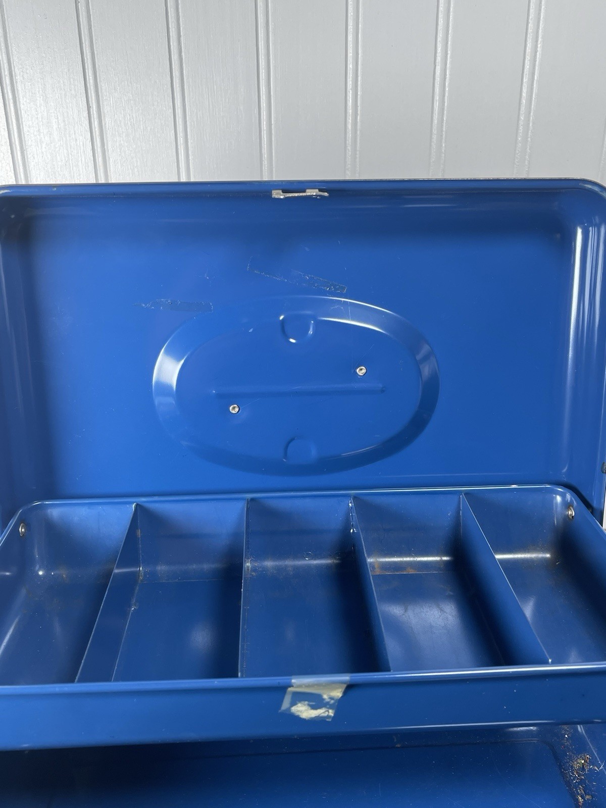 Vintage Union Metal Model 1111 Cash tackle box Blue Fold Out USA NO KEY