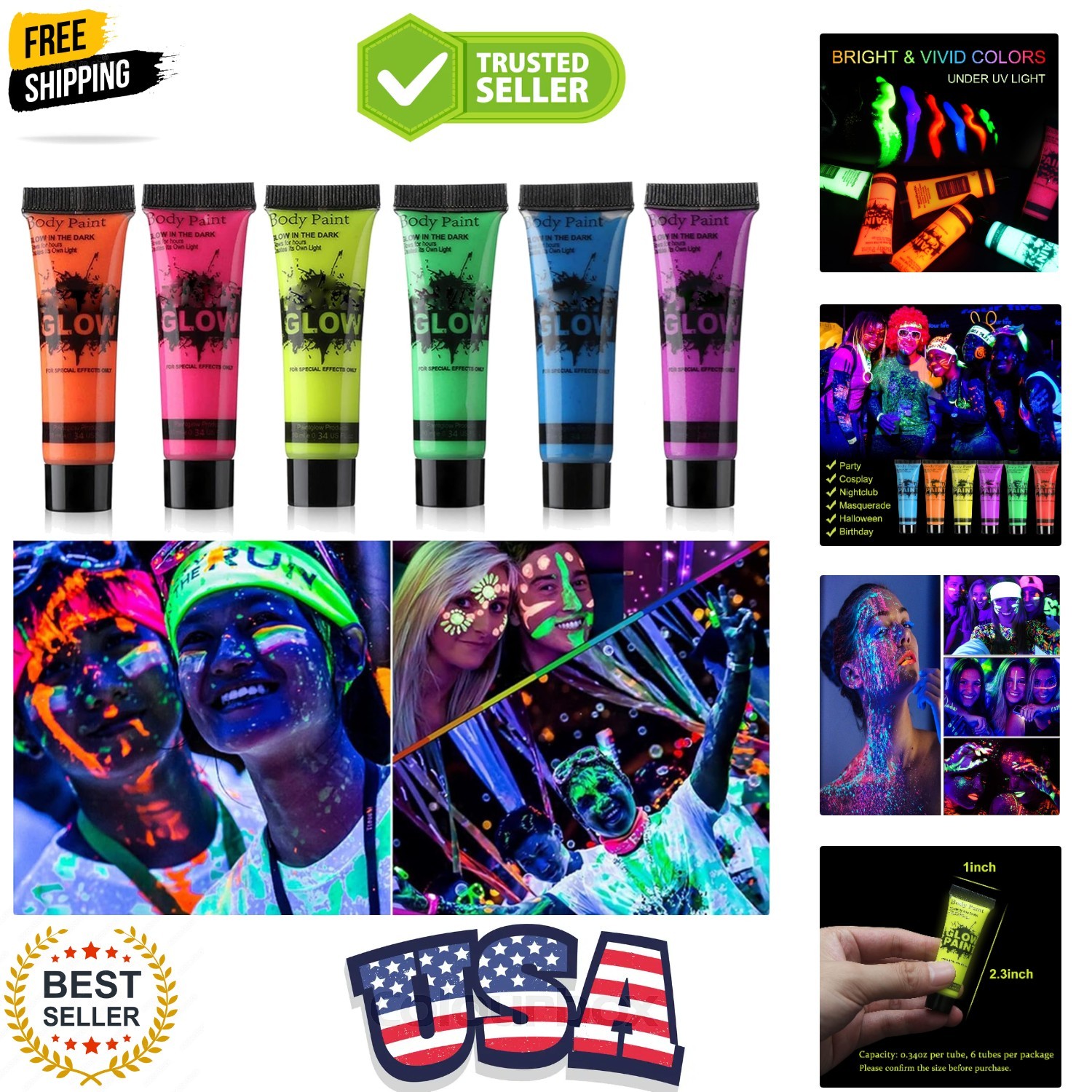 Glow in Dark Face Body Paint UV Blacklight Neon Fluorescent .34oz Set of 6 Tubes
