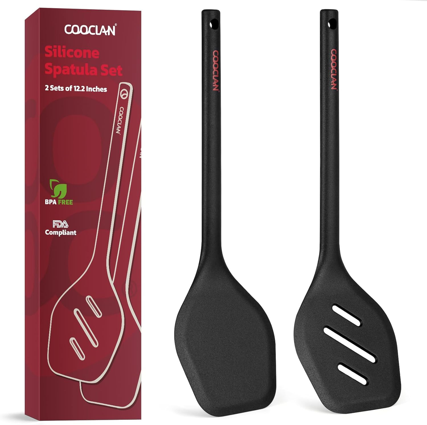 Set espatulas silicona (sin BPA) 600°F volteadoras solidas ranuradas 2 pzs