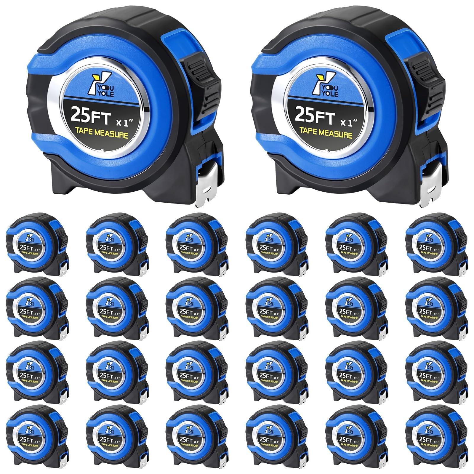Youyole 24 Pack Tape Measure with Fractions 1/8 Steel 25 ft X 1 in, Blue