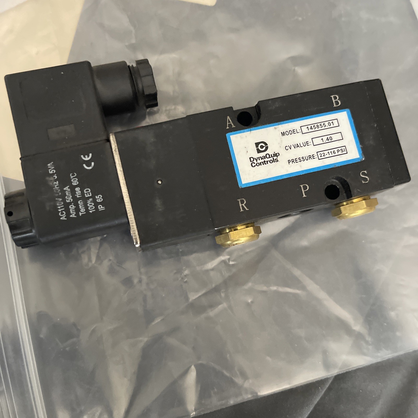 Dynaquip Controls 145855.01 Solenoid CV 1.40 PSI 22-116 115Vac Pneumatic Valve