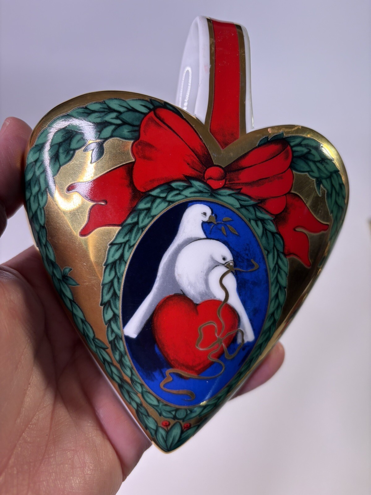 Ceramic Heart Planter With Wall Hanger White Doves Valentines 6" x 5"