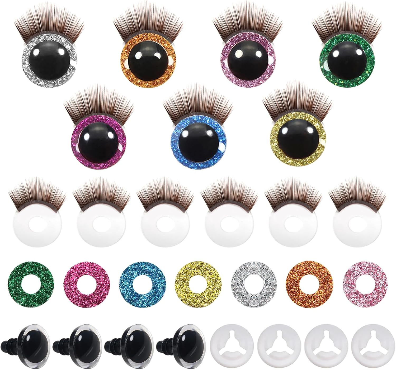 28Pcs 12Mm Glitter Safety Eyes Plastic with Brown Doll Eyelashes and Washers for