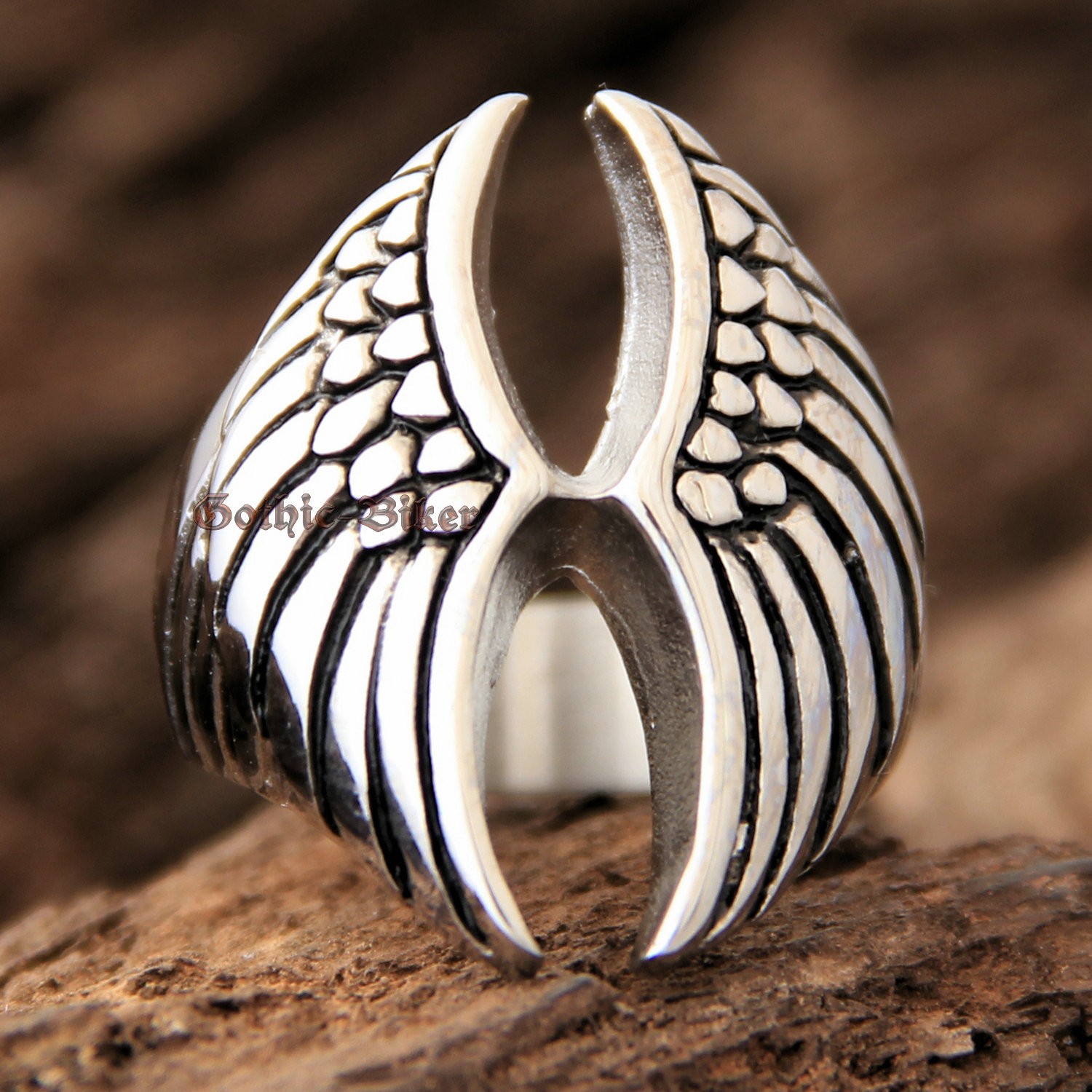 Men's Women's Biker Wide Guardian Angel Feather Wing 316L Stainless Steel Ring