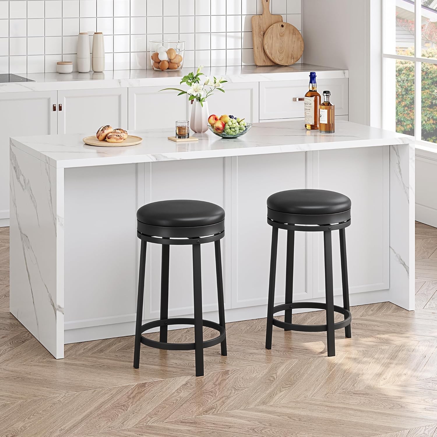 Backless PU Leather Height Stools: 24" Swivel with Adjustable Footrest for Home