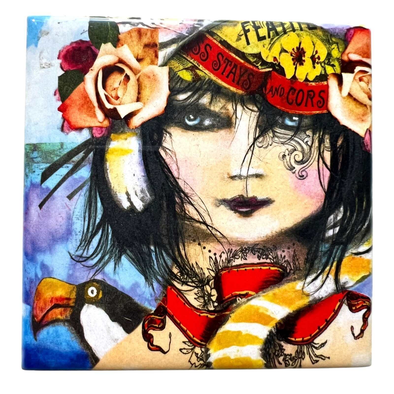 Handmade Ceramic Wall Tile Colorful Woman Flowers Abstract Art Home Decor 4 1/4