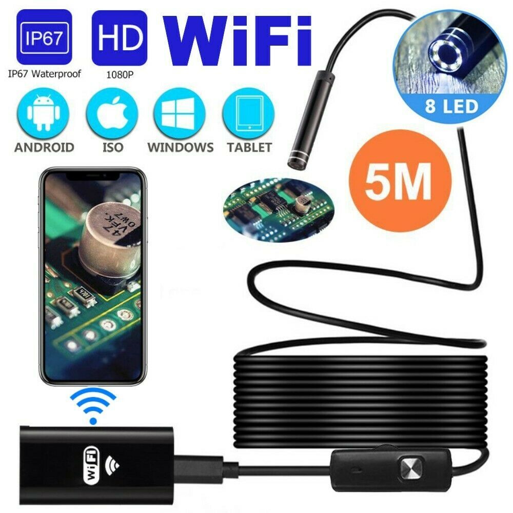 5M 8LED Endoscope WiFi Borescope Snake Inspection Camera for iPhone Android iOS