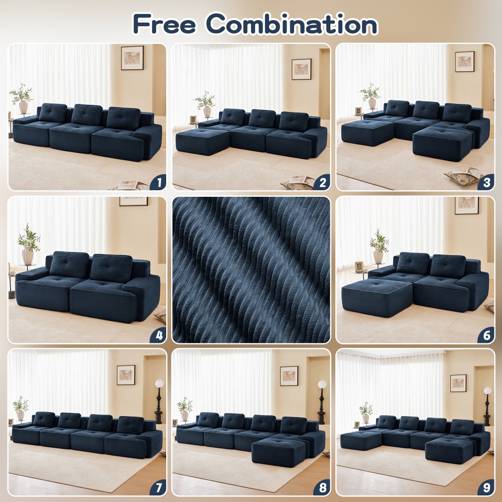 117" Modular Sectional Sofa w/ Tufted Design, Corduroy Fabric, Deep Seat, Blue