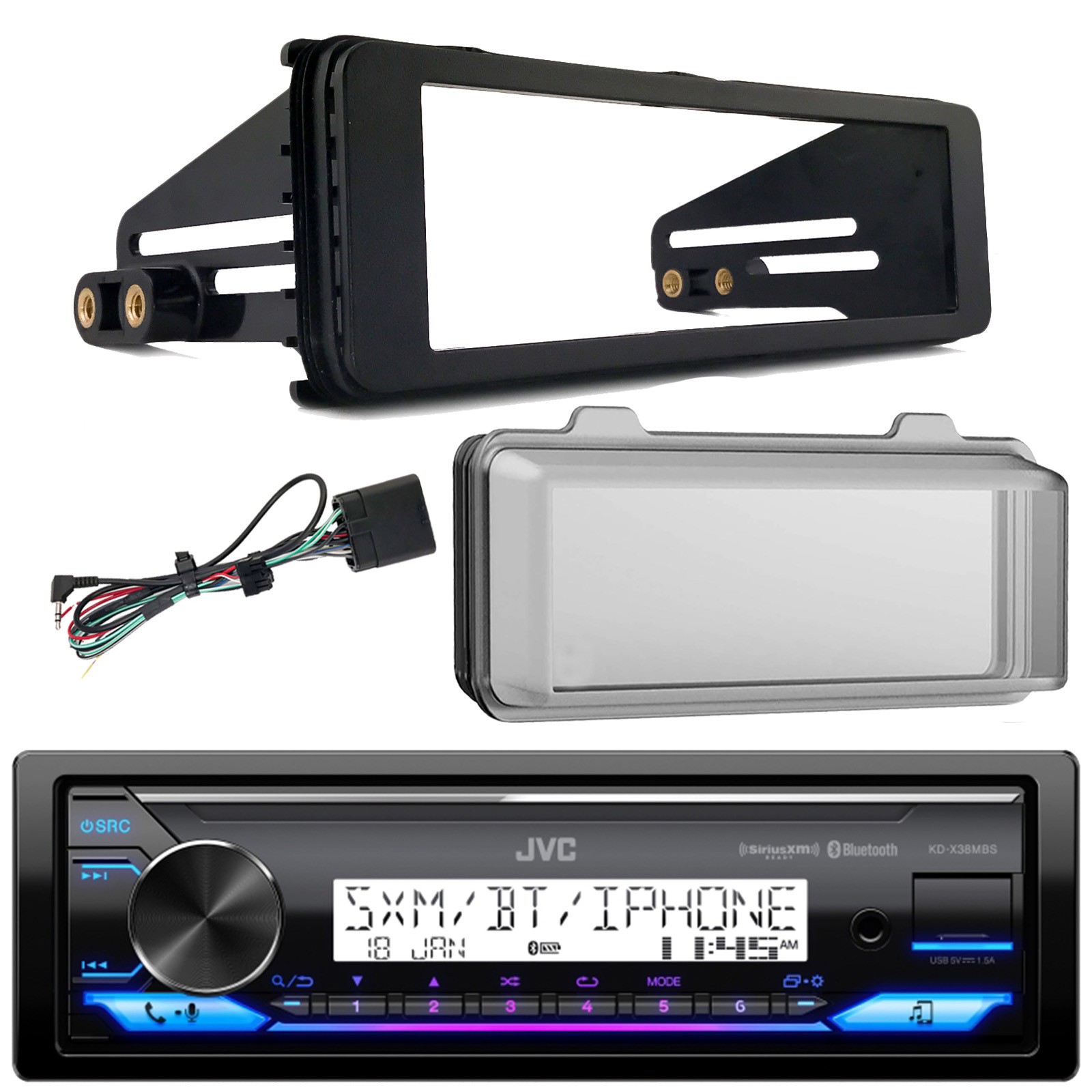JVC Marine Bluetooth Stereo Receiver, Dash Install Kit, Cover (Harley 98-2013)