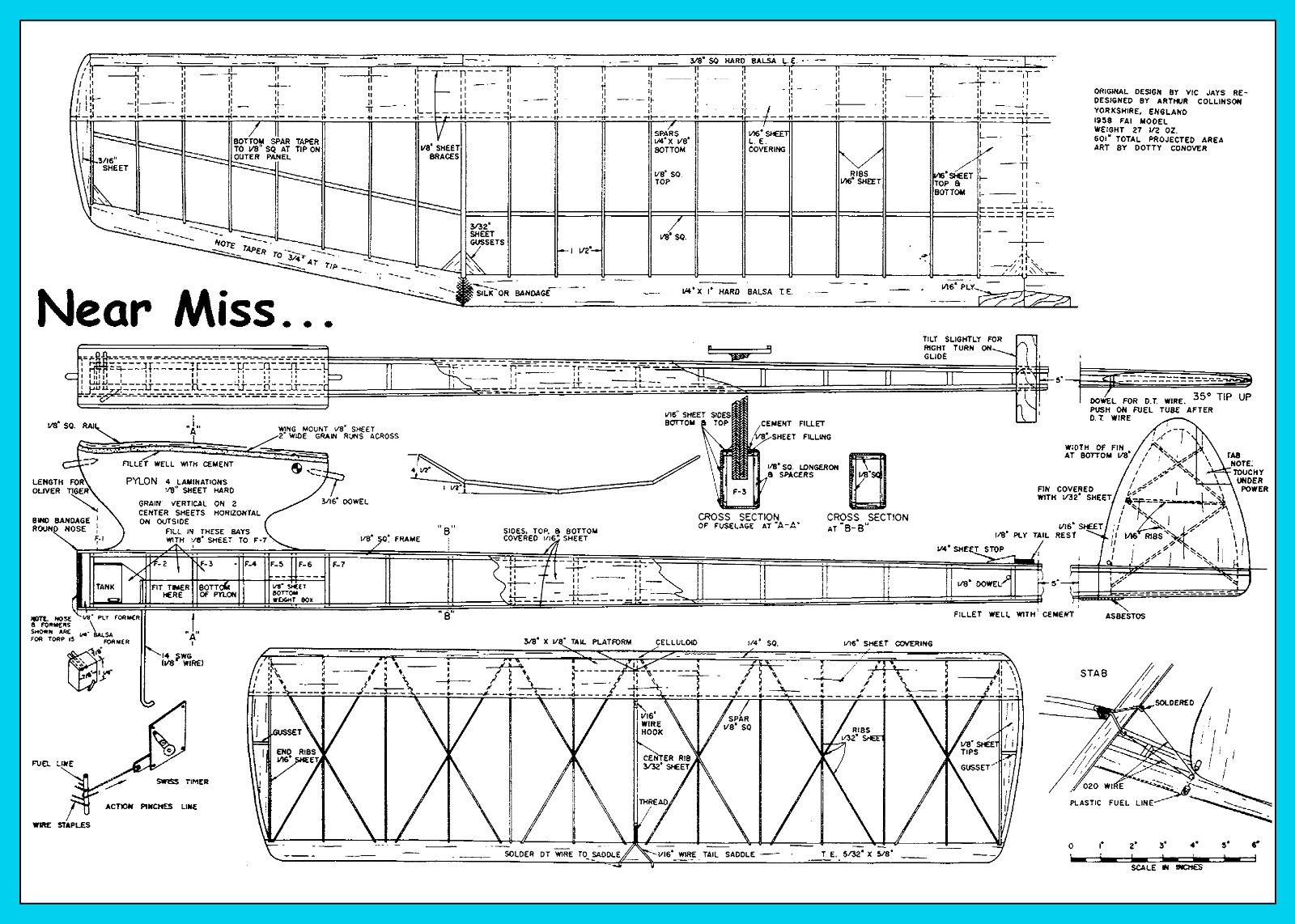 Model Airplane Plans (FF): Near Miss 62" Wingspan FAI Power Model