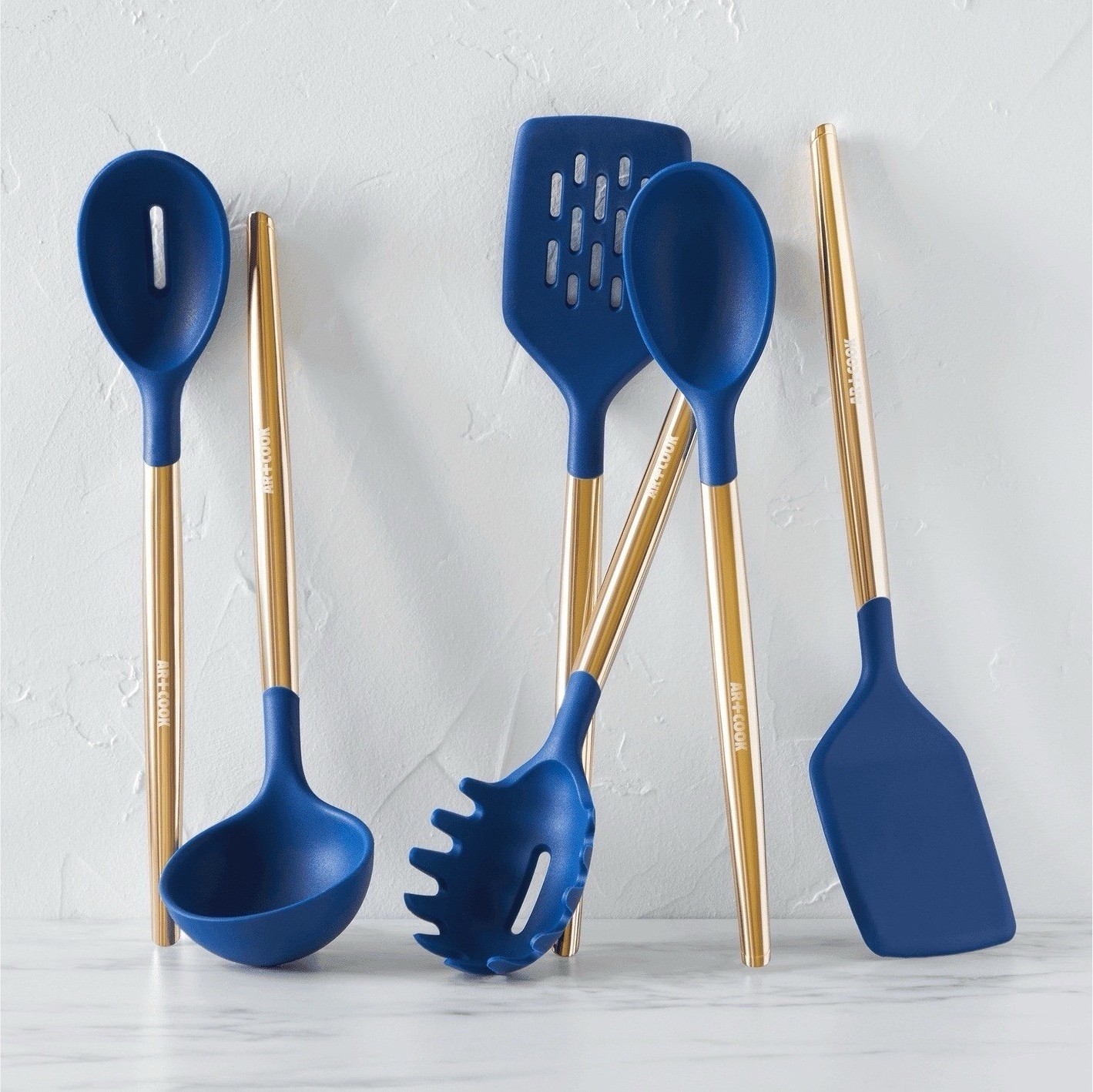 Org. $130 - AR + Cook   Blue & Stainless Steel Silicone Utensils Set of 6 NWOT