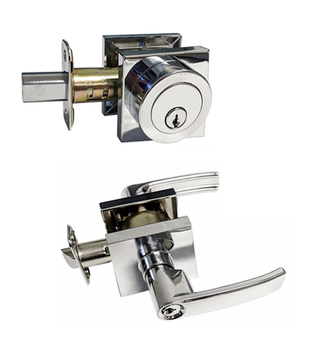 Polished Chrome Square Plate Entry Entrance keyed Levers Single Deadbolts combo