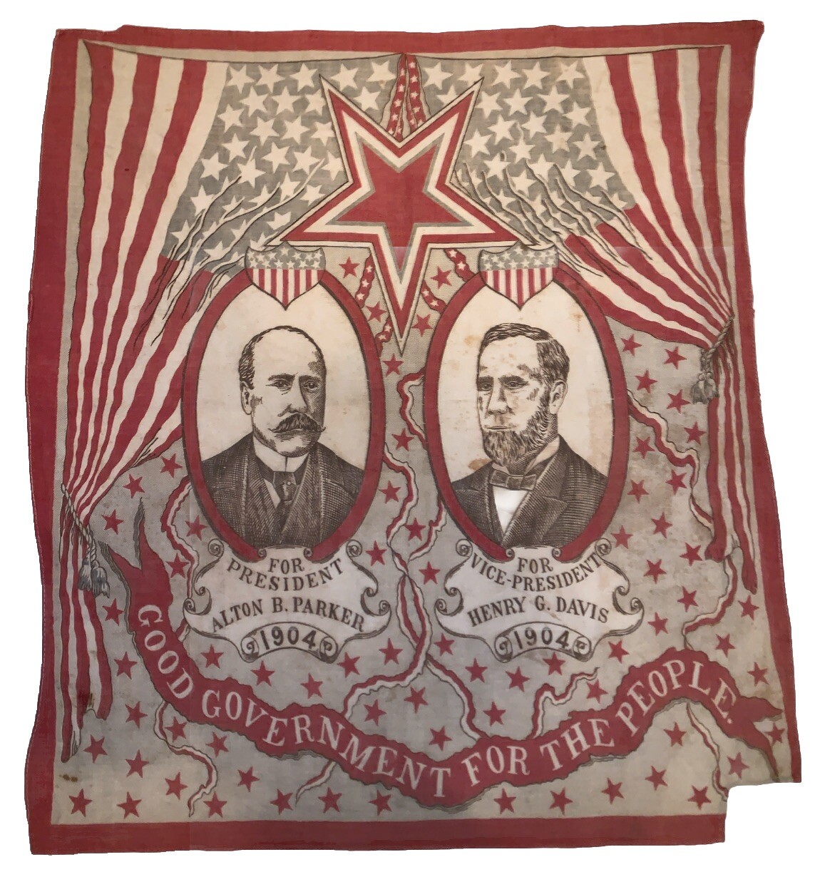 1904, ALTON B. PARKER & HENRY G. DAVIS, PRESIDENTIAL CAMPAIGN BANDANA, 22" x 24"