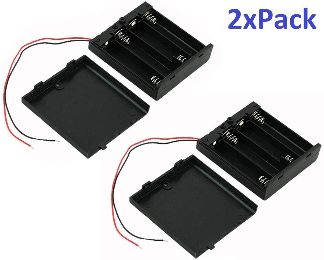 4 x 1.5V AA Battery Case Holder With Leads Cap And On/Off Switch, Black, 2 Pices
