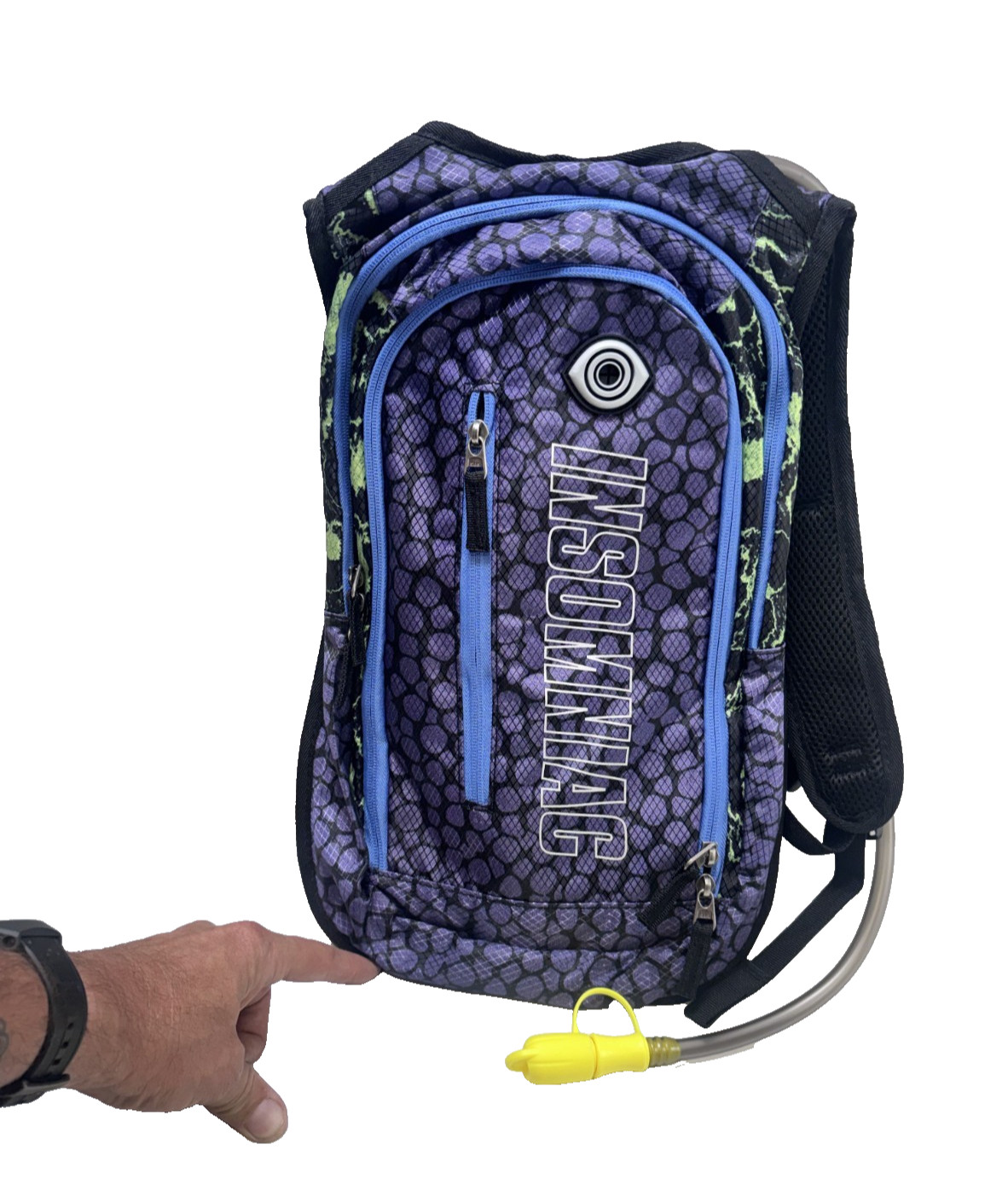 Insomniac Events Unisex Hydration Backpack Purple Black Honeycomb Water Bladder