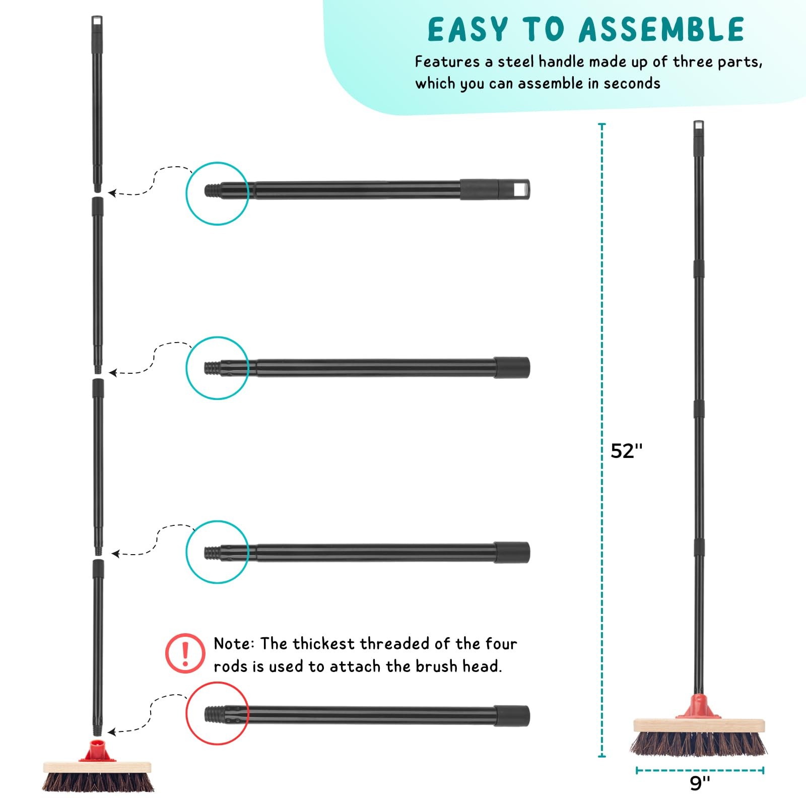 Deck Brush with Long Handle, 52'' Palmyra Bristle Scrub Broom for Boat, Wood