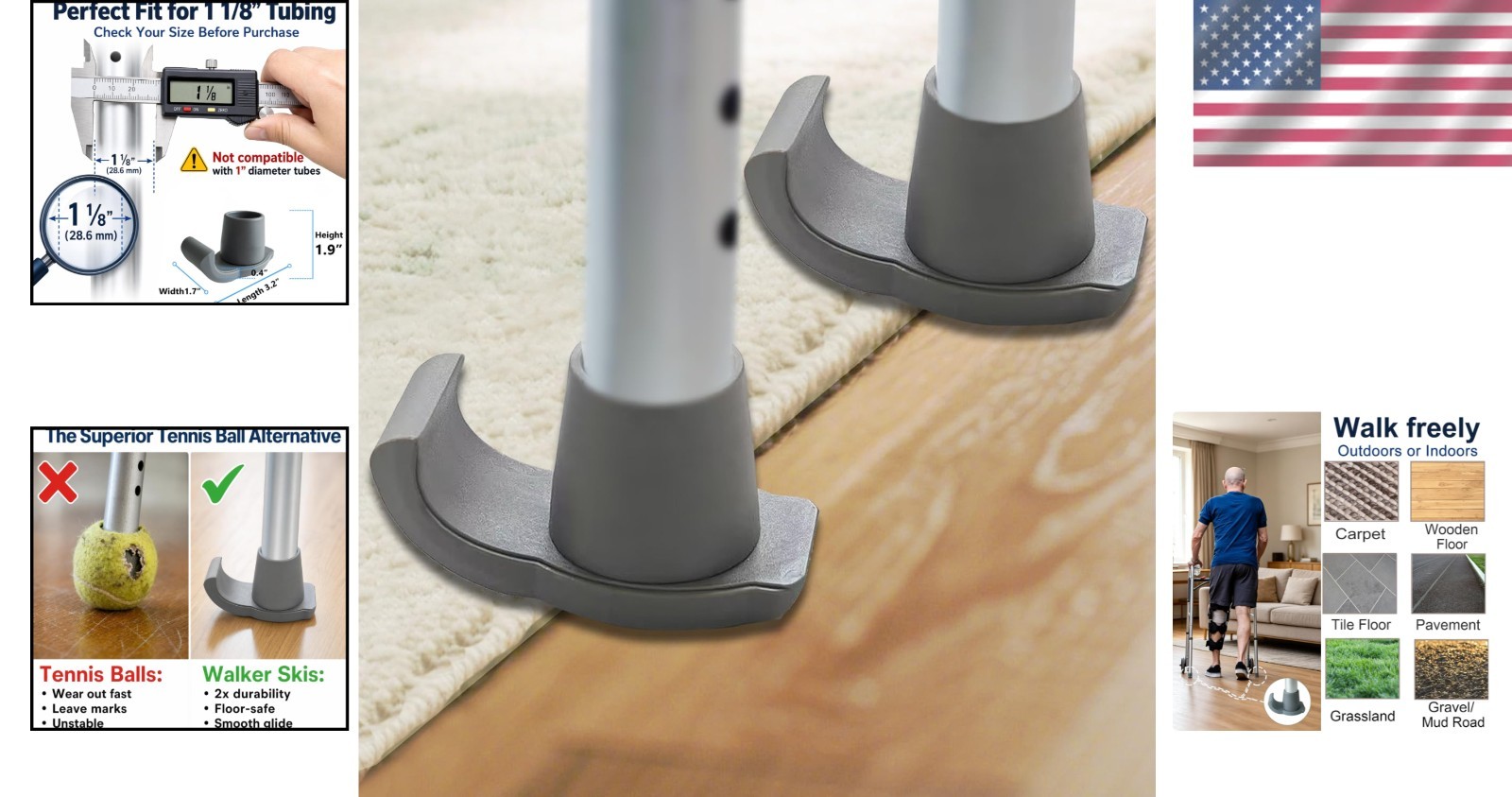 Universal 1-1/8 inch Walker Glides: Effortless Mobility for Seniors | 2 Pack