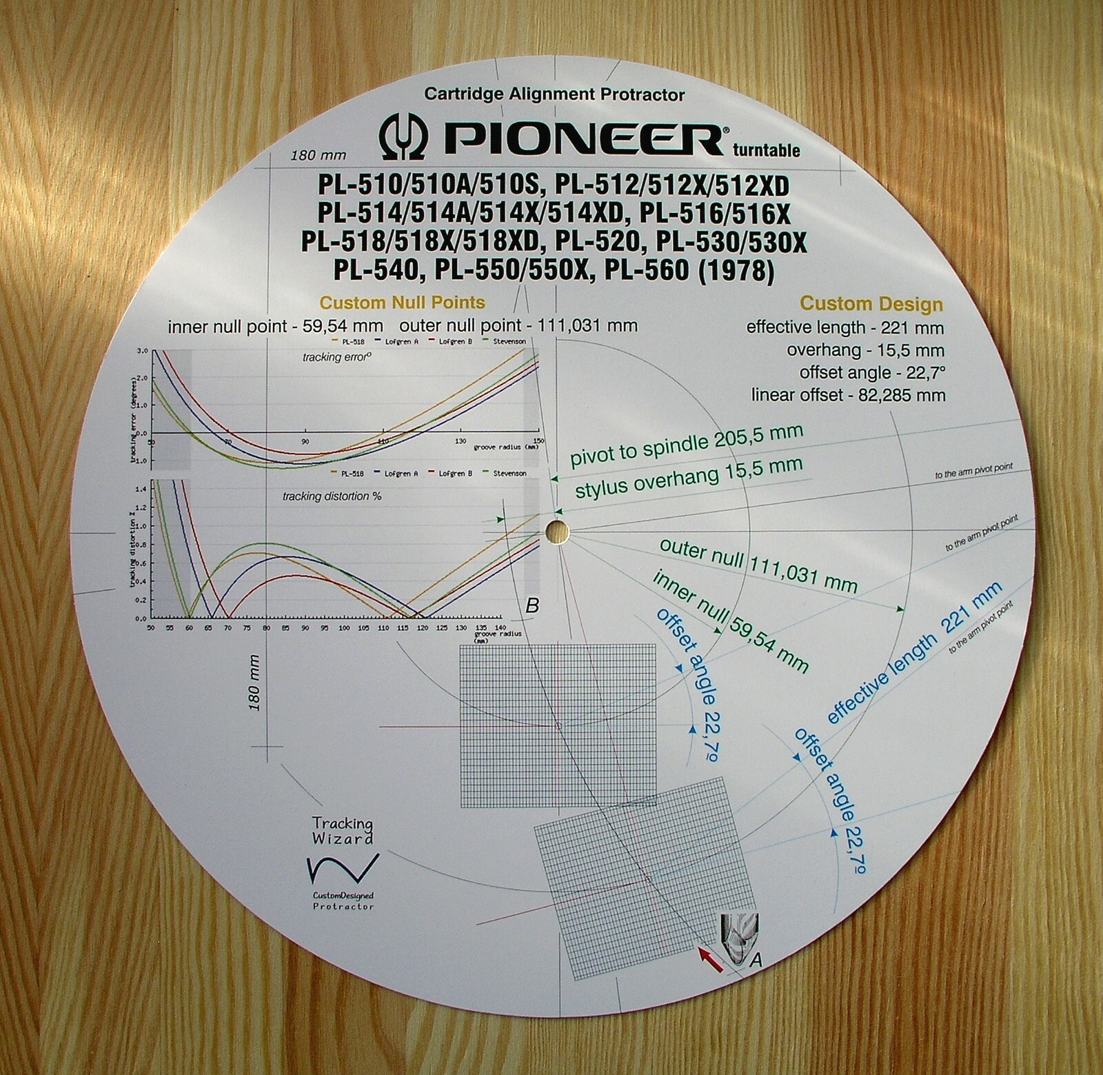 Pioneer PL-510/512/514/516/516/518/520/530/540/550/560 Tonearm Stylus Protractor