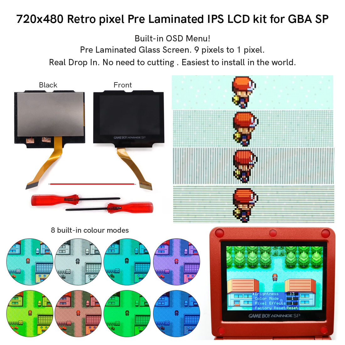 V5 Drop In 720x480 Pre-Laminated Retro Pixel IPS LCD Screen + Shell For GBA SP