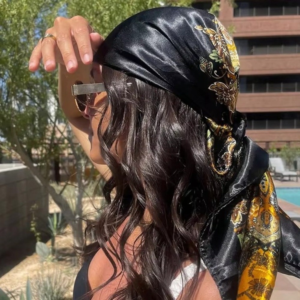 Floral Print Square Silk Scarf Soft Hair Bandana Elegant Head Scarf  Women