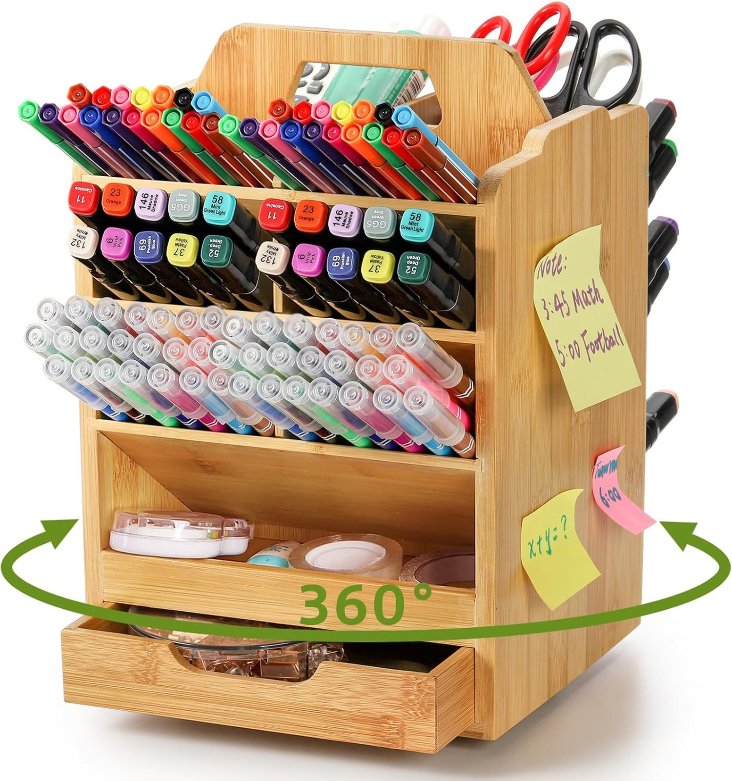 Bamboo Pen Holder Organizer, 360°Rotating Art Supply Storage Caddy, Hold 400
