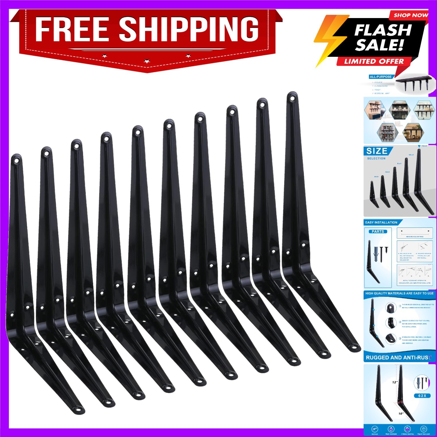 10 Pack Shelf Bracket 12 Inch ,Heavy Duty Shelf Brackets,Floating Shelf Brack...