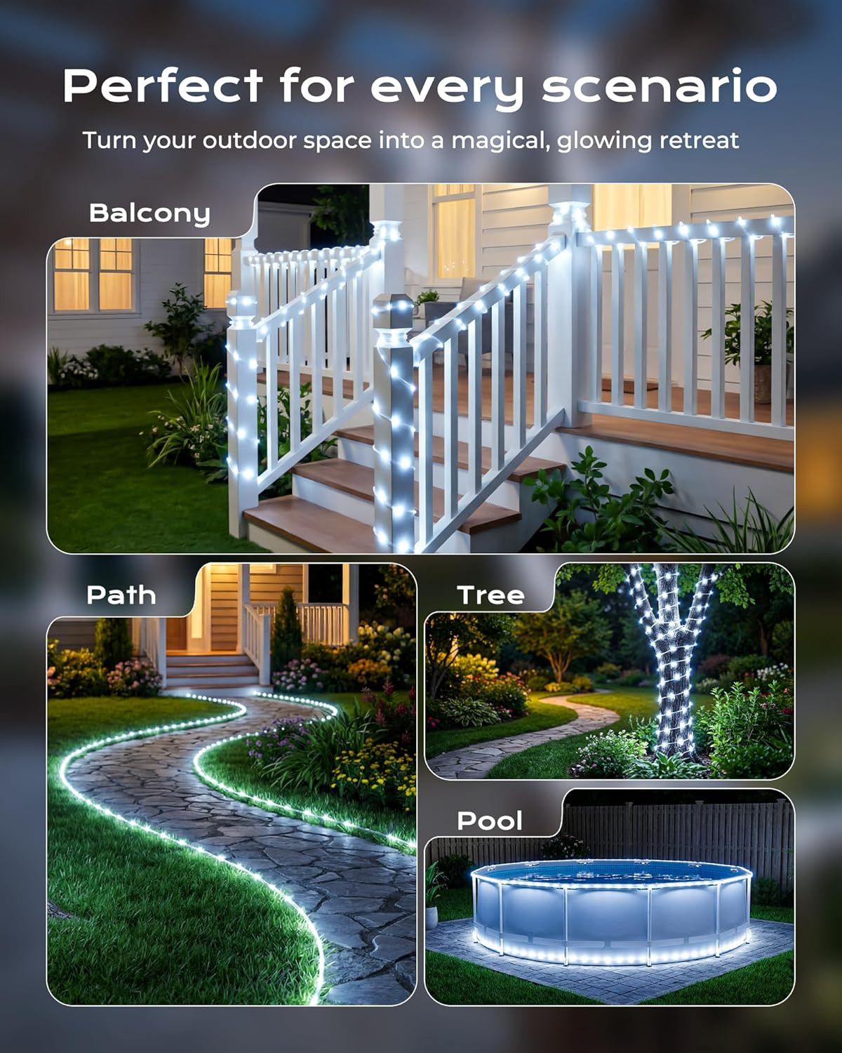 2 Pack Solar Rope Lights, Total 78FT 200LED Pure White Solar String Lights Outdo