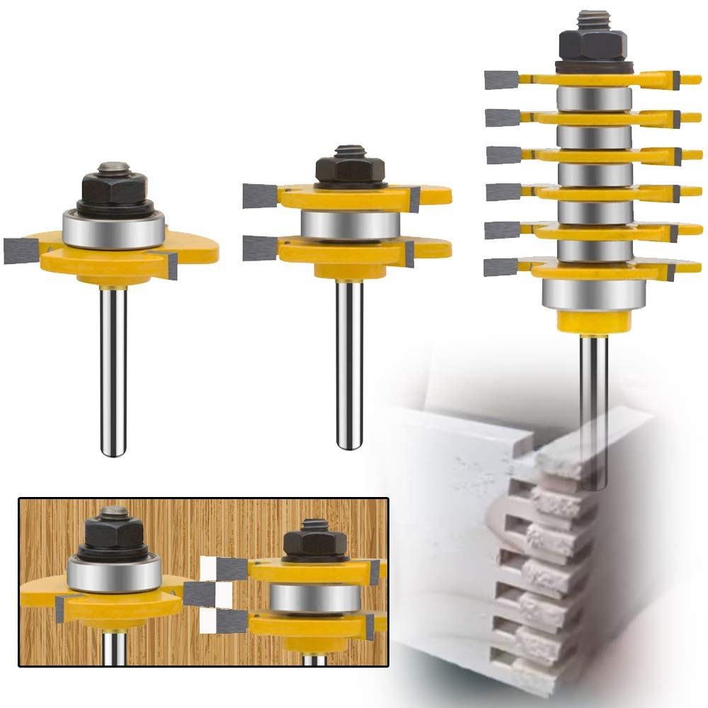 LEATBUY 1/4 Inch Shank Router Bit Set & 6 Finger Joint 3Pcs, Tongue Groove Woodw
