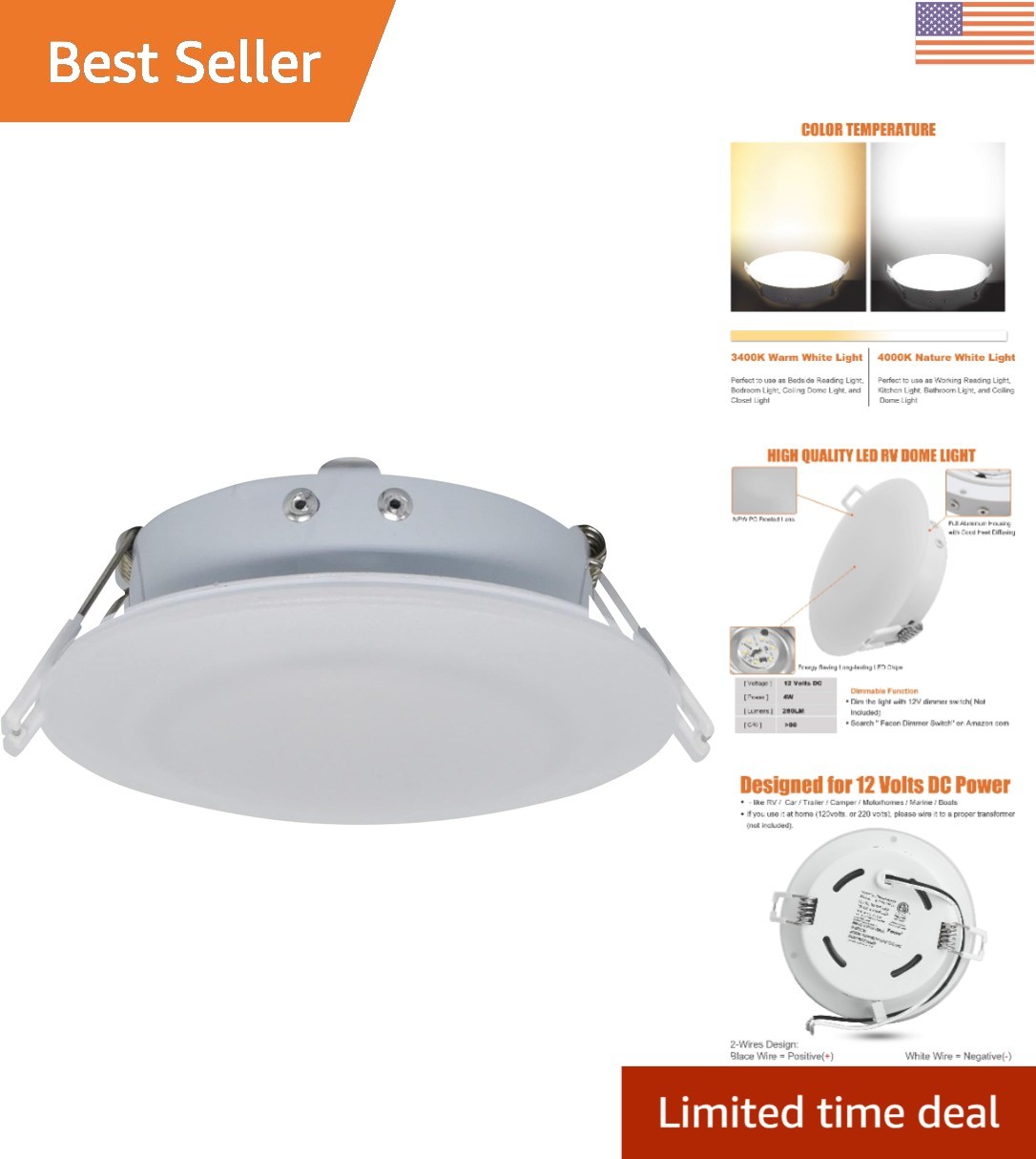 4.5inch 12V LED RV Puck Light - DLFST4-008/-MH40, 4000K Cool White, Full Alum...