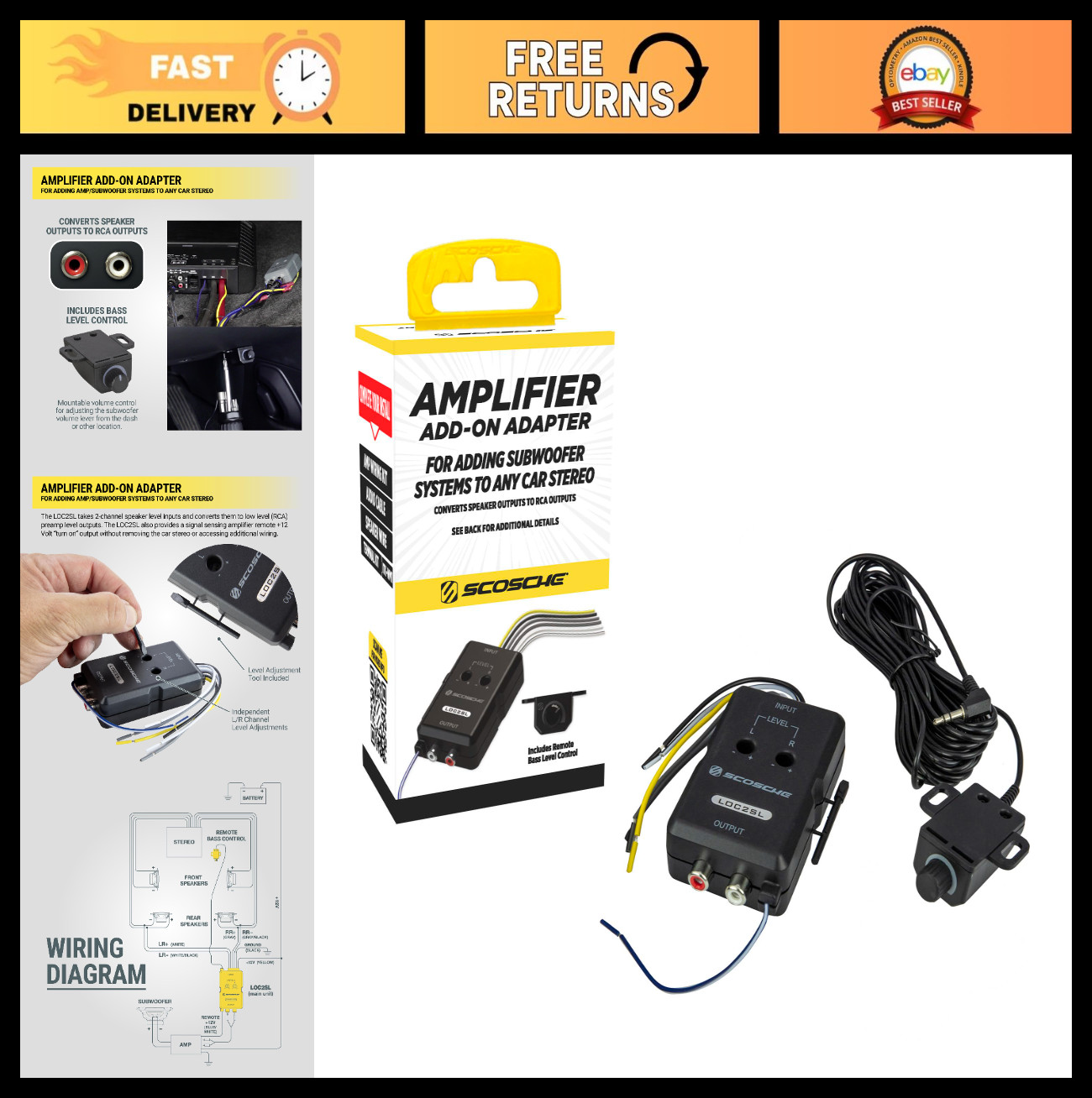 2CH Line Output Converter with Remote Control Knob - RCA Car Audio Adapter - Sub