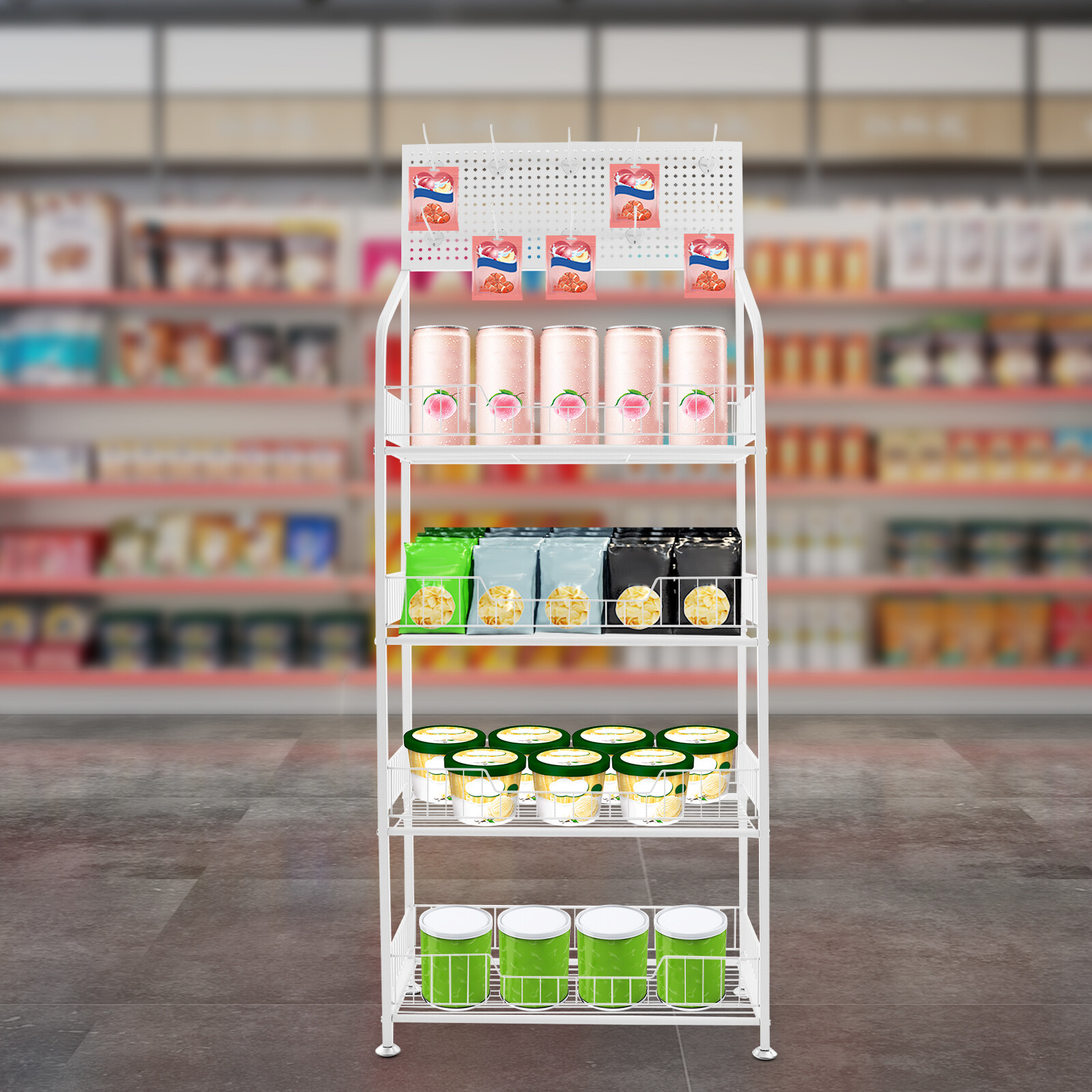 Snack Rack Stand with Hooks 4 Tier Retail Display Rack Snack Display Organizer