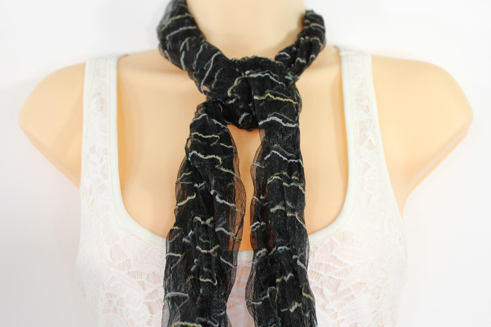 New Women Fashion Neck Scarf Sheer Fabric Light Long Striprs Black White Wrap