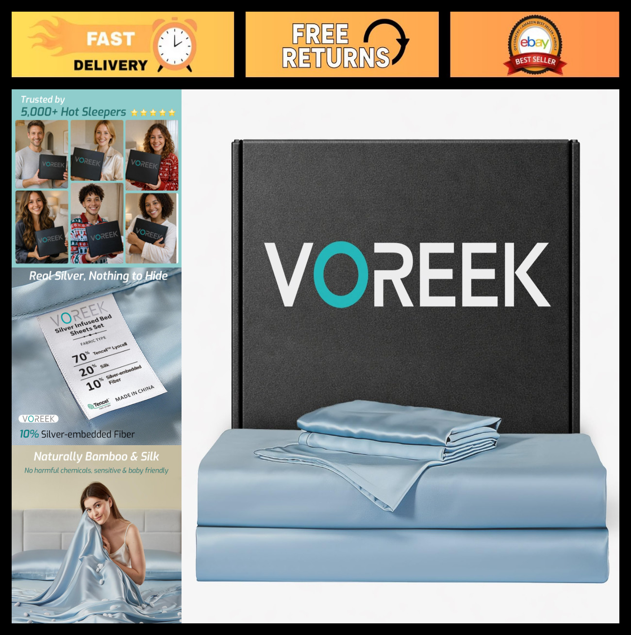 Ultra-Soft Silver Infused Bed Sheets - 20% Silk, Temp-Regulating, Hygienic King