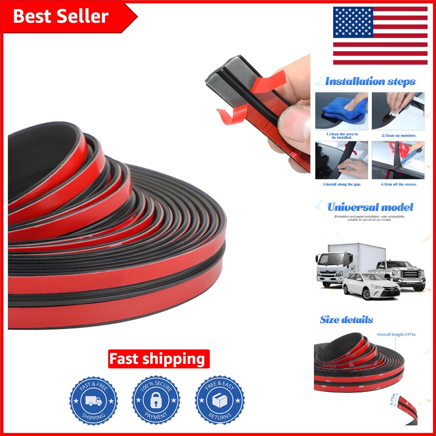 19mm Adhesive Rubber Seal Strip - 16.4 Ft T Shape Weatherstrip for All Vehicles