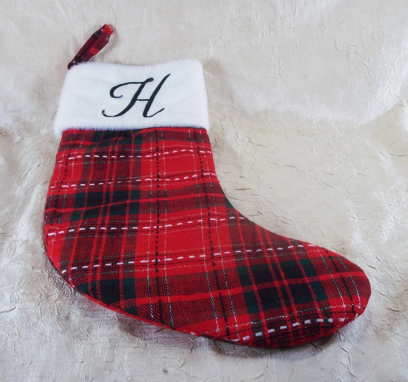 Initial H Plaid Red Christmas Holiday Stocking