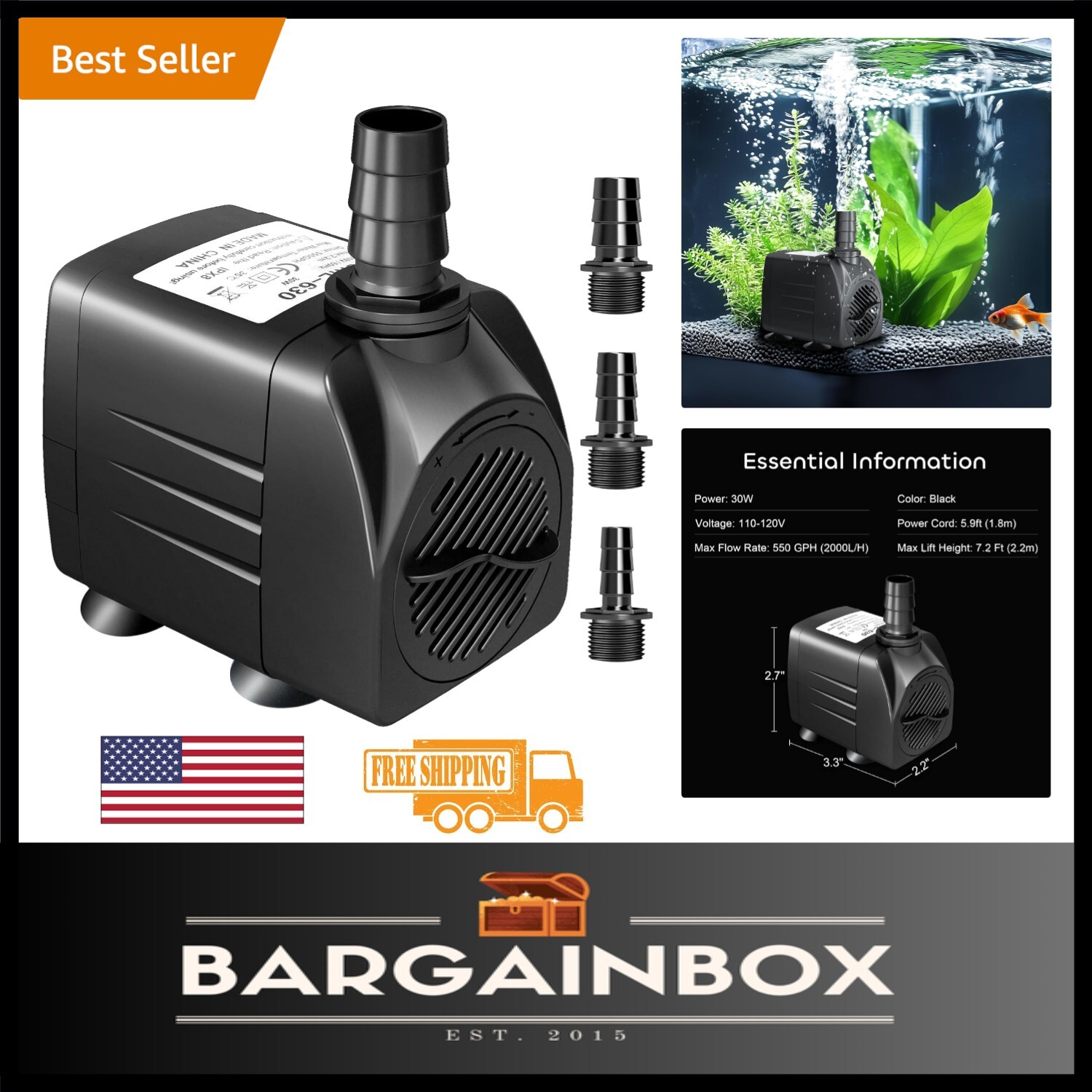 Versatile 550 GPH Submersible Water Pump with 5.9ft Cord for Fish Tanks & Ponds
