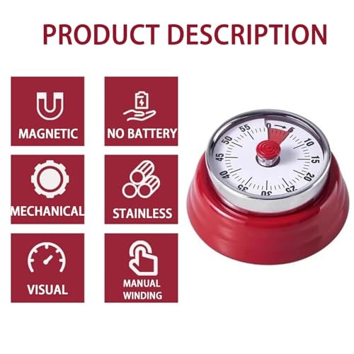 Mechanical Kitchen Timer, Eco-Friendly No Batteries Needed Magnetic 60 Red