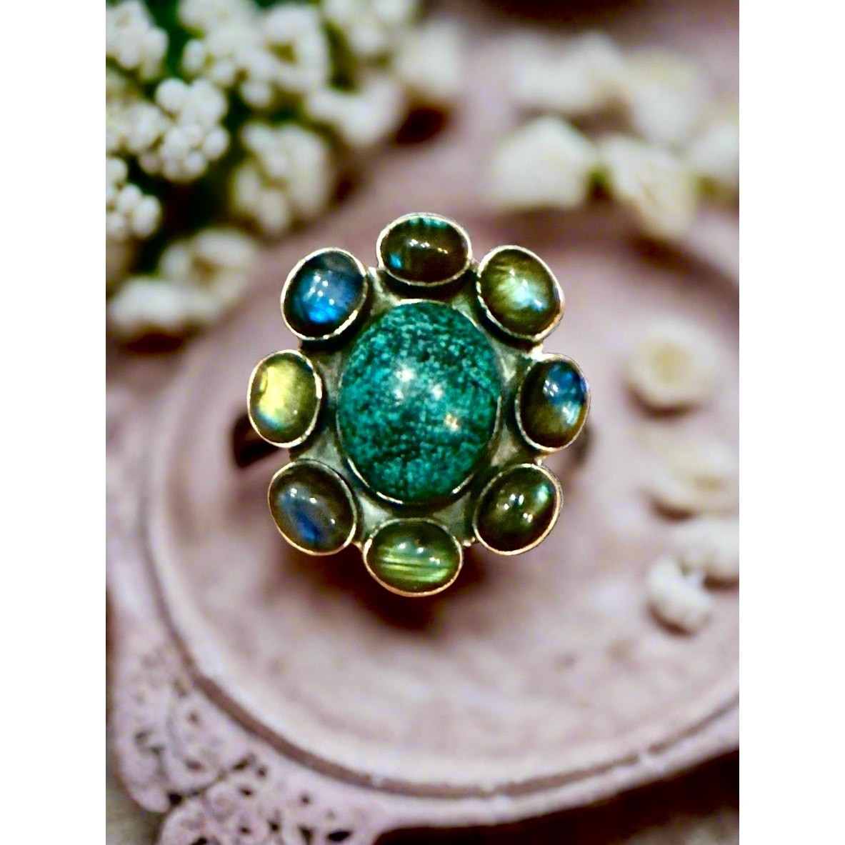 Spiderweb Turquoise & Labradorite Oval Cluster Ring Size 10