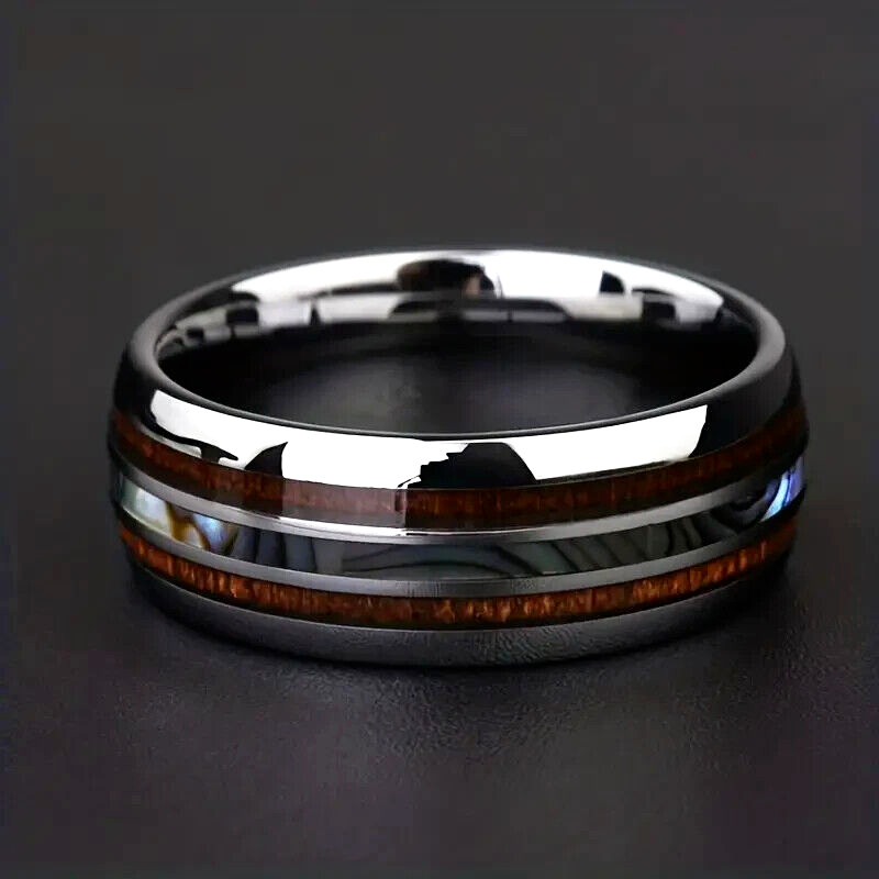 Men's 8mm Tungsten Abalone Hawaiian Koa Wood Inlay Comfort-Fit Wedding Band