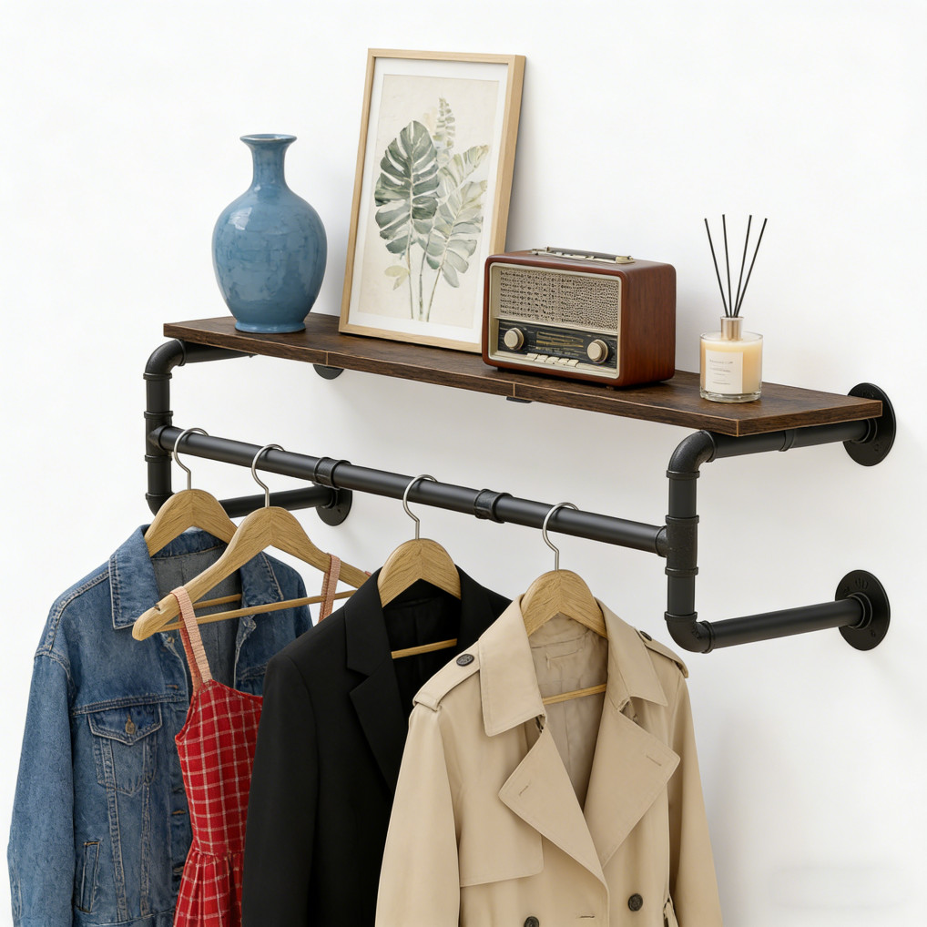 Industrial Pipe Clothing Rack Wall Clothes Rail Garment Hanging Rod Display Rack