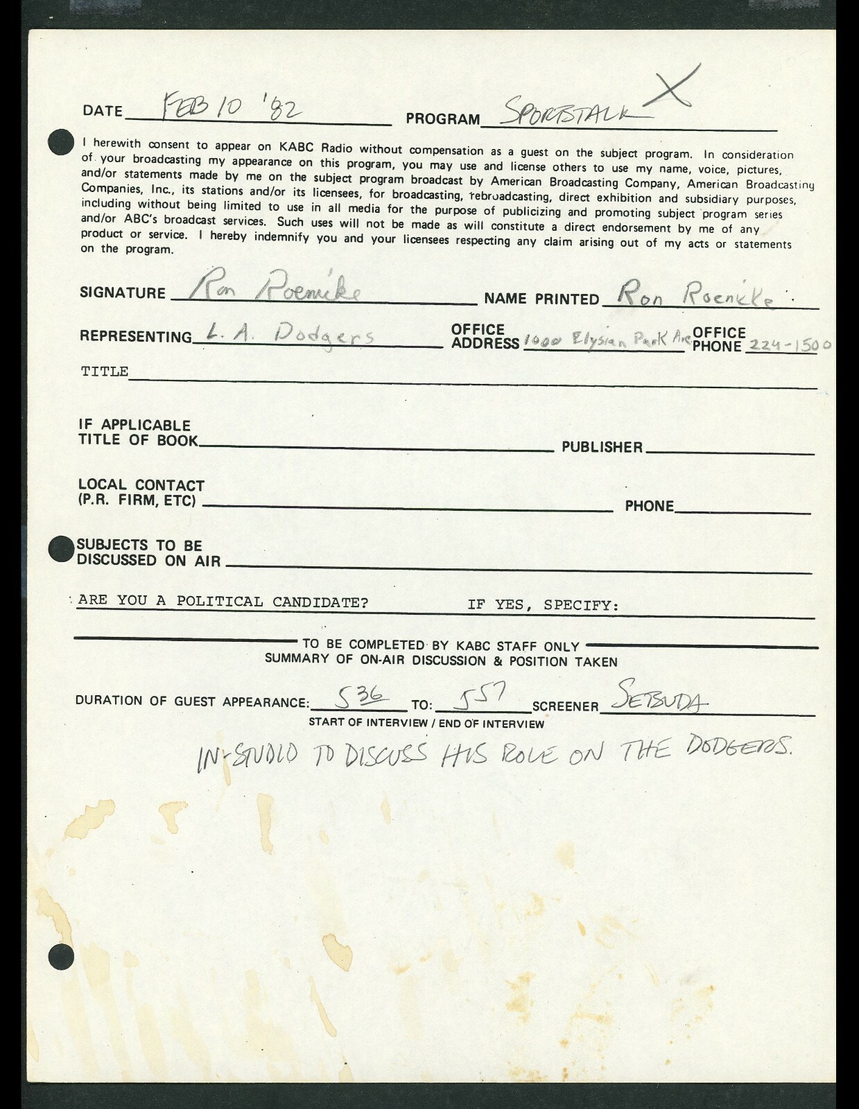 Ron Roenicke, LA Dodgers Player - Hand Signed Sportstalk Contract (1982)