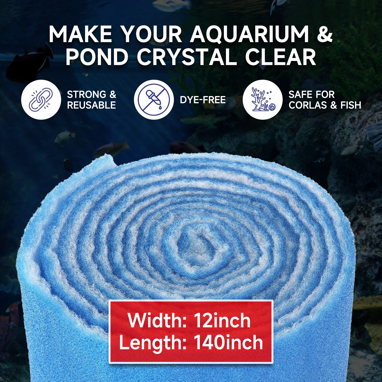 12-FT BONDED AQUARIUM FILTER MEDIA PAD 140" X 12' FILTER FIBER FLOSS 1/2 inch