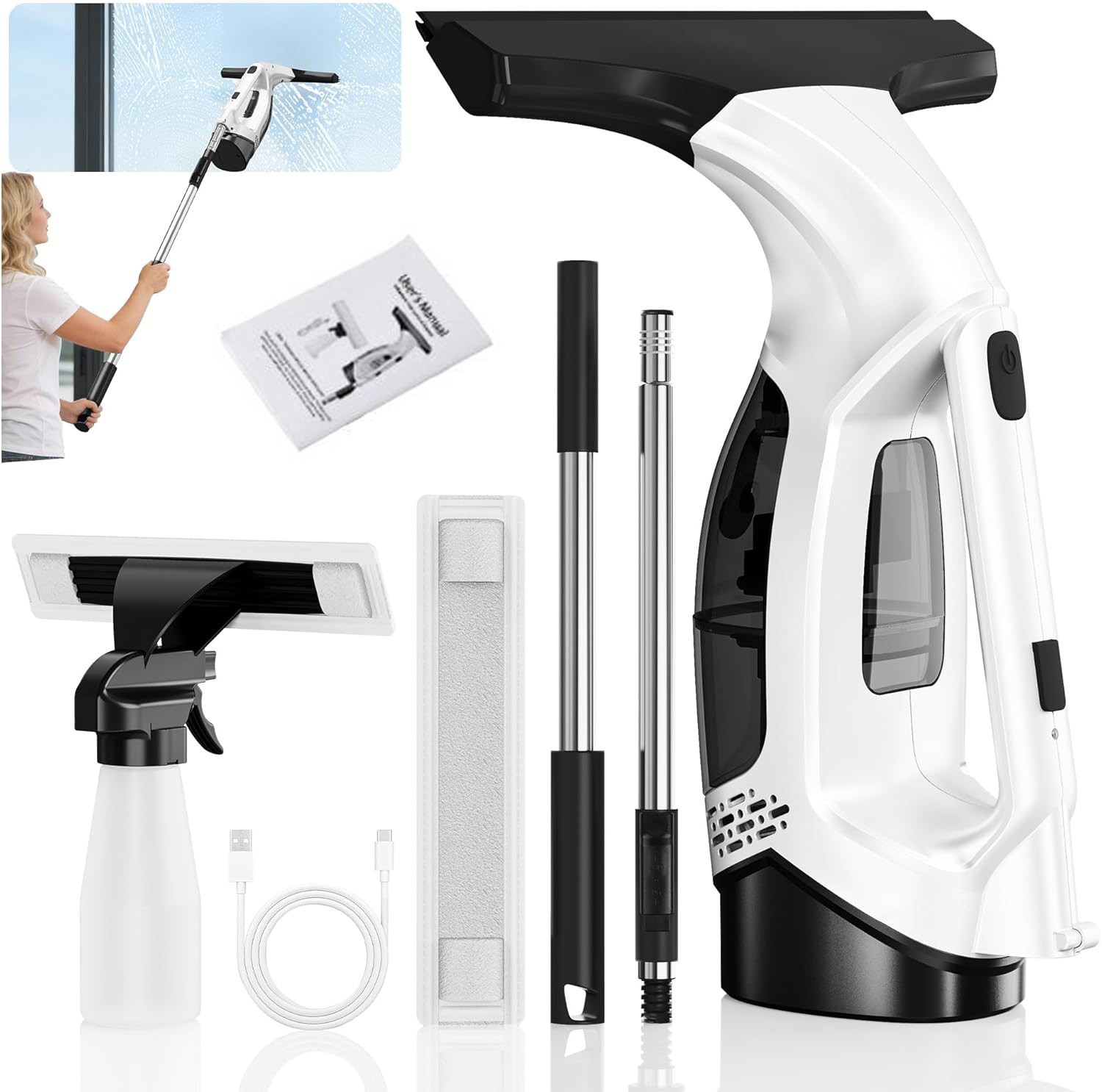 Window Vacuum Squeegee Cordless, 2000Pa Electric Window Cleaner Tool