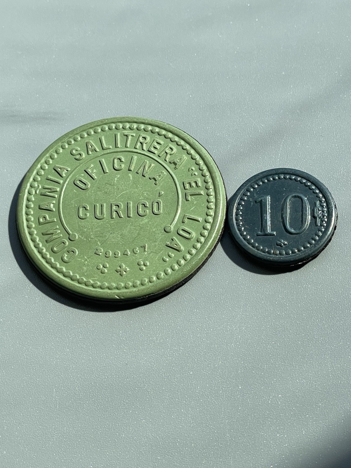 CHILE ANTOFAGASTA REGION, NITRATE MINING WORKER VULCANITE 1 PESO and 10 centavo