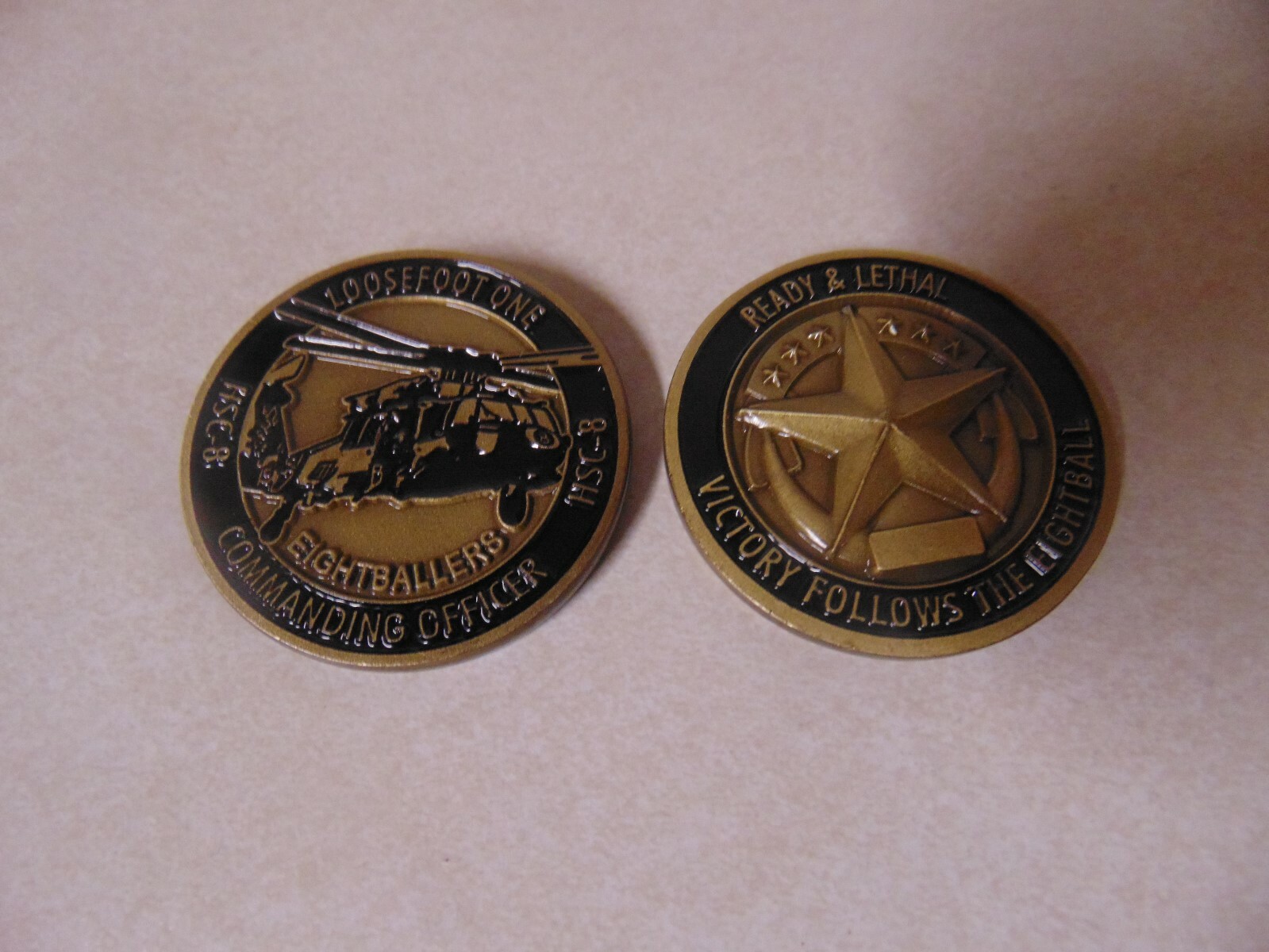 CHALLENGE COIN AVIATION HELECOPTER LOOSEFOOT ONE CMDG OFFICER HSC-8 EIGHTBALLERB