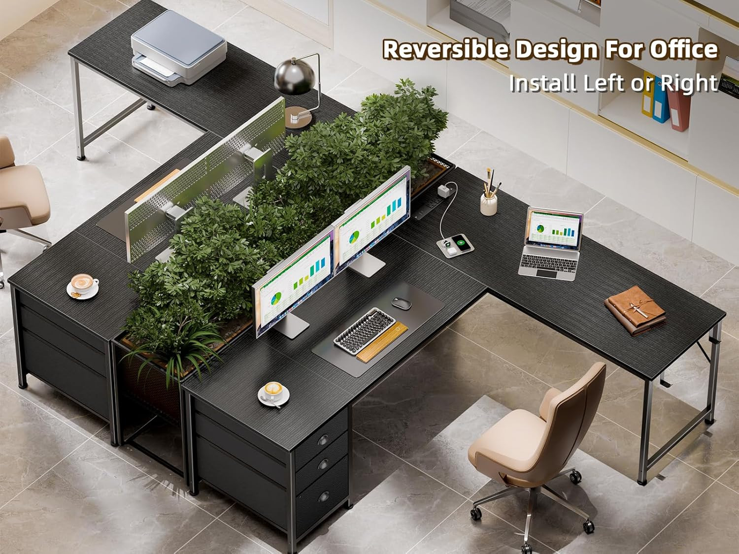 63" L Shaped Desk with Power Outlets & USB-C Port, Reversible Corner Computer De