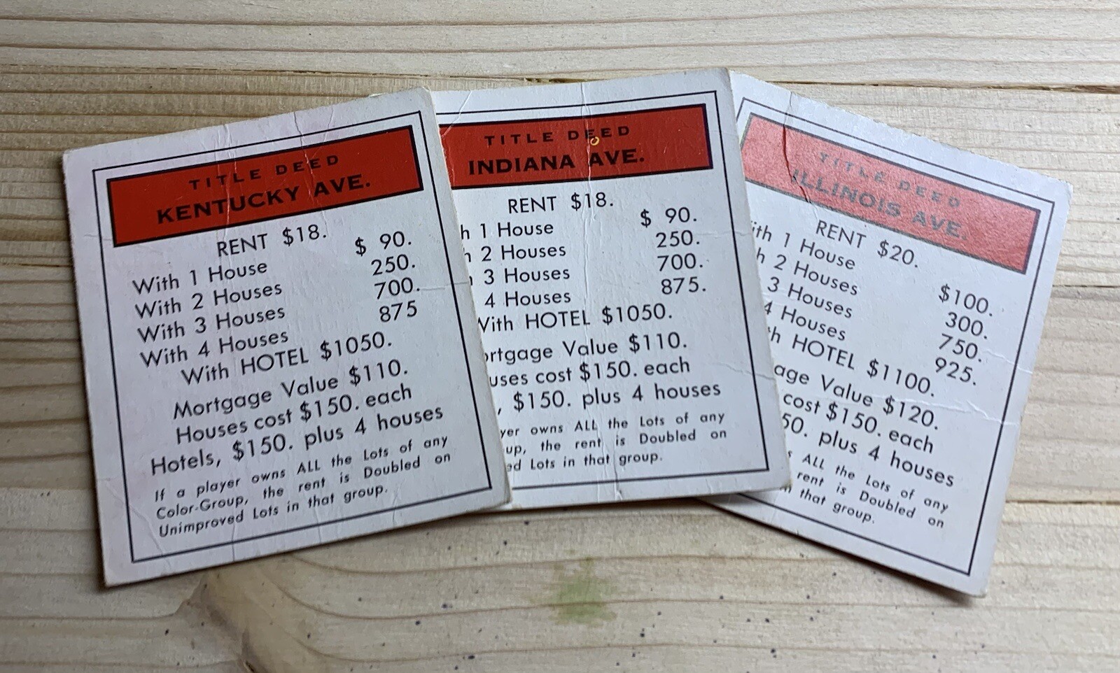 Monopoly Red Colored Properties. Kentucky, Indiana, Illinois. Vintage