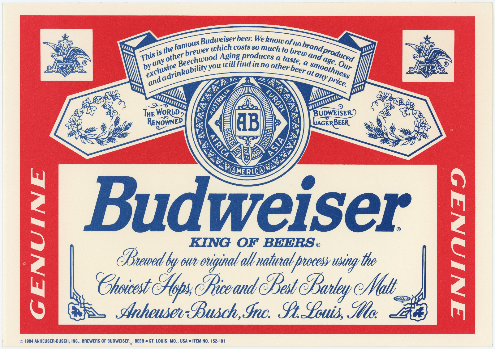 VINTAGE 1994 Budweiser King of Beers OUTSIDE Sticker Decal ~ 9-1/4 Inches!