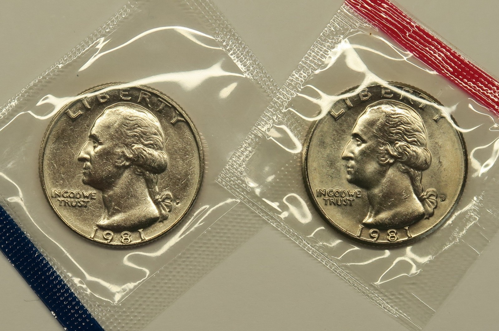 1981 P & D Uncirculated Washington Quarters in Mint Cello, Free Shipping